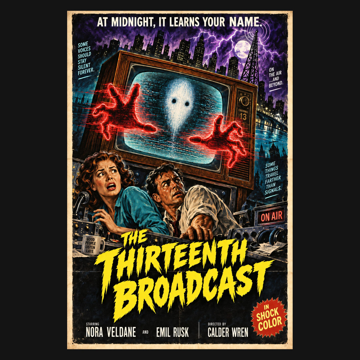 Close-up of the print: The Thirteenth Broadcast poster, a ghost in an old TV with red hands reaching out