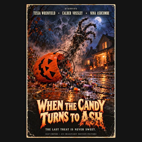 Close-up of the print: When the Candy Turns to Ash poster, a spilled jack-o'-lantern candy pail and a skeletal hand of ash above the title and the line "The last treat is never sweet."