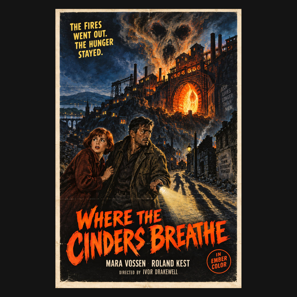 Close-up of the print: Where the Cinders Breathe poster, a couple fleeing a burning mill town