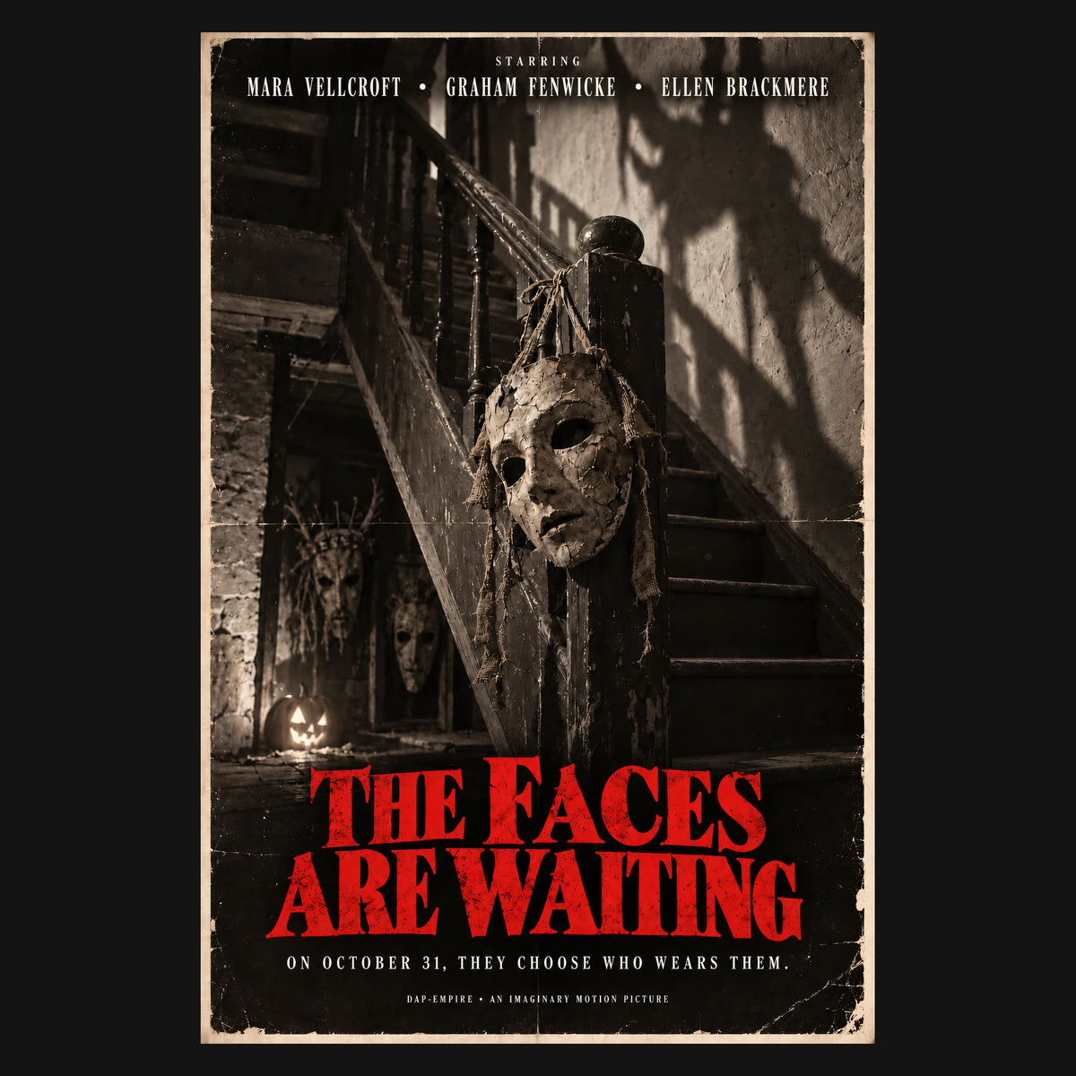 Close-up of the print: The Faces Are Waiting poster, a cracked plaster mask hanging from a staircase post above the red title and the line "On October 31, they choose who wears them."