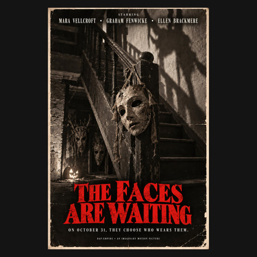 Close-up of the print: The Faces Are Waiting poster, a cracked plaster mask hanging from a staircase post above the red title and the line "On October 31, they choose who wears them."