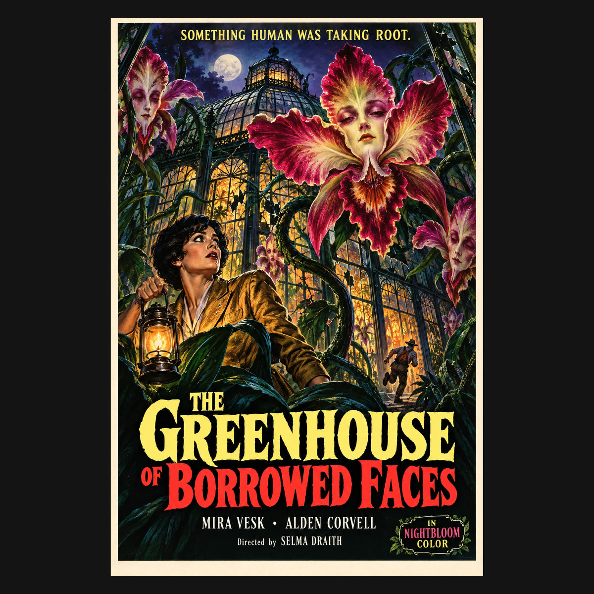 Close-up of the print: The Greenhouse of Borrowed Faces poster, orchids with human faces in a glasshouse
