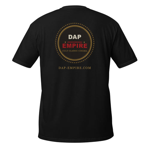 Back of the black Dap-Empire t-shirt with a large round logo badge reading DAP EMPIRE, Cult Classic Cinema, in cream, red and gold, with dap-empire.com printed in gold underneath
