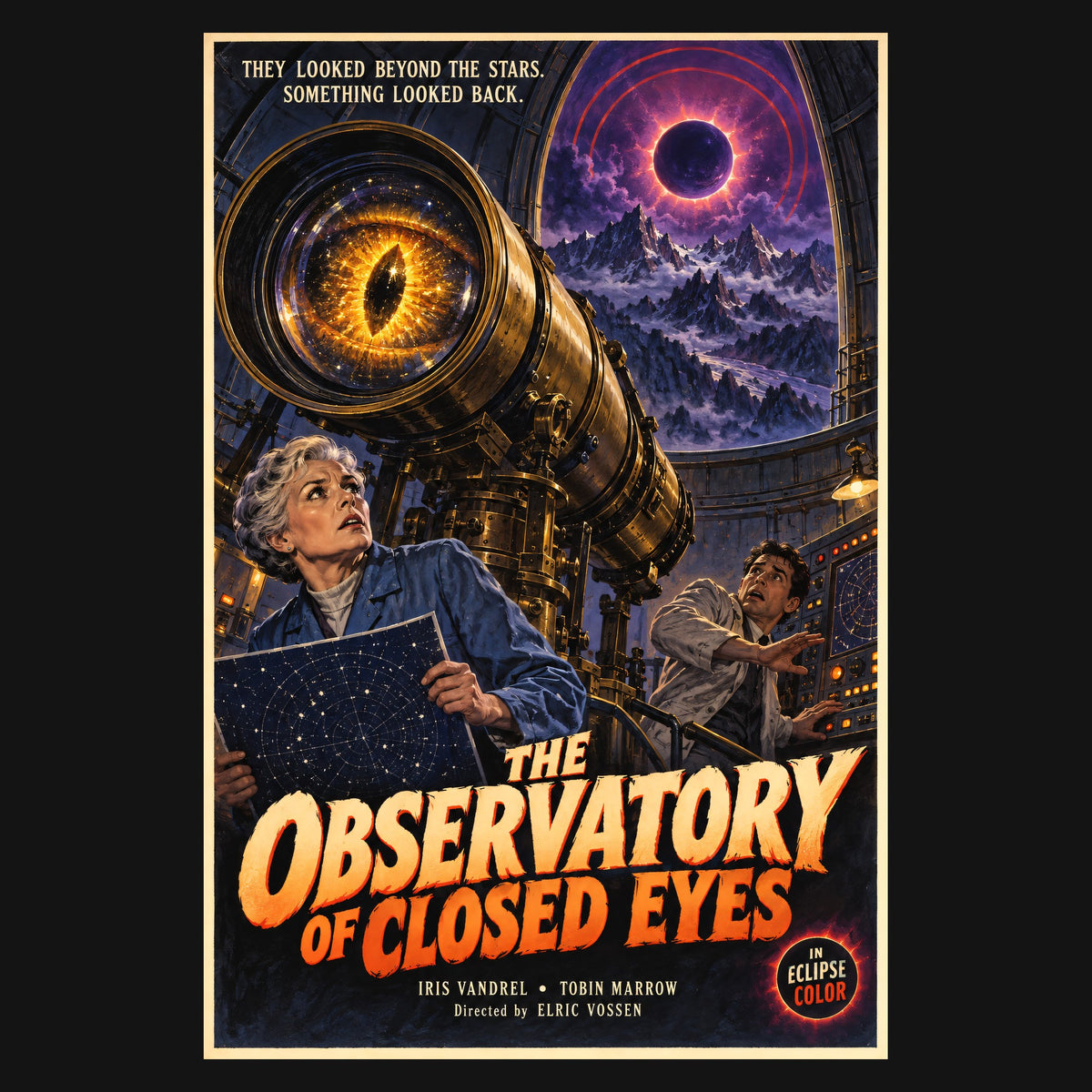 Close-up of the print: The Observatory of Closed Eyes poster, a giant eye in a brass telescope