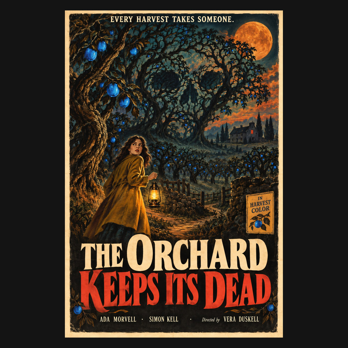 Close-up of the print: The Orchard Keeps Its Dead poster, a woman with a lantern in a skull-shaped orchard
