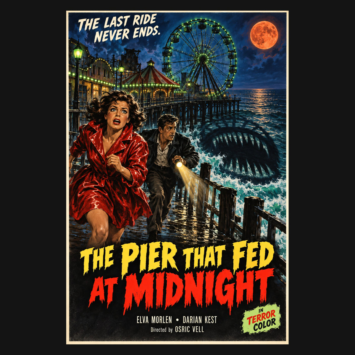 Close-up of the print: The Pier That Fed at Midnight poster, a couple fleeing a sea monster on a pier