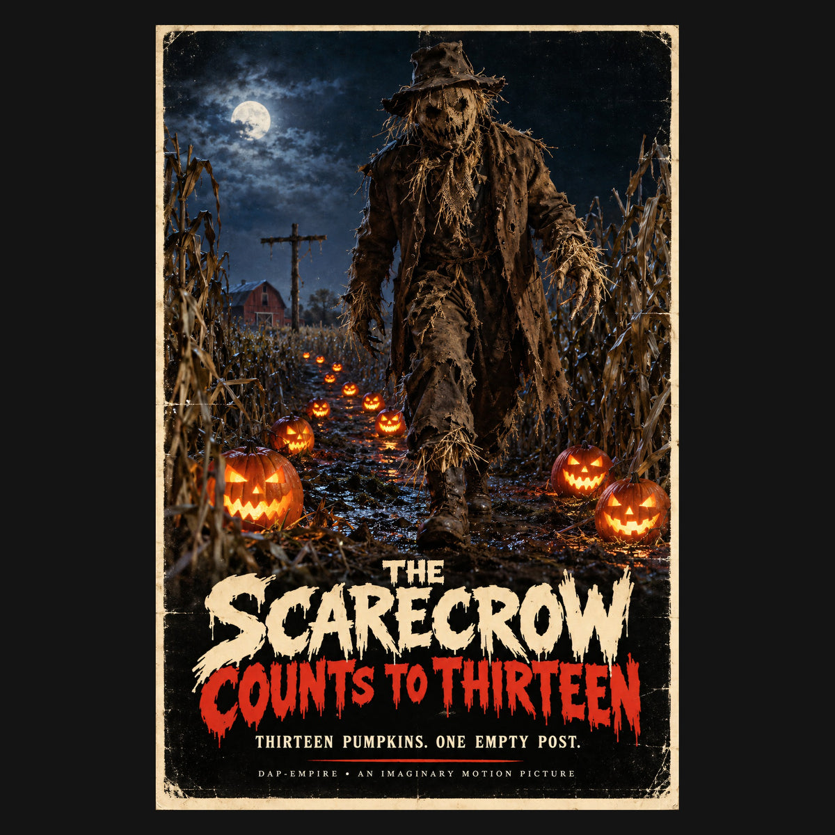 Close-up of the print: The Scarecrow Counts to Thirteen poster, a scarecrow walking a cornfield path lined with jack-o'-lanterns