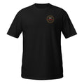 Front of a black t-shirt with a small round Dap-Empire logo badge on the left chest