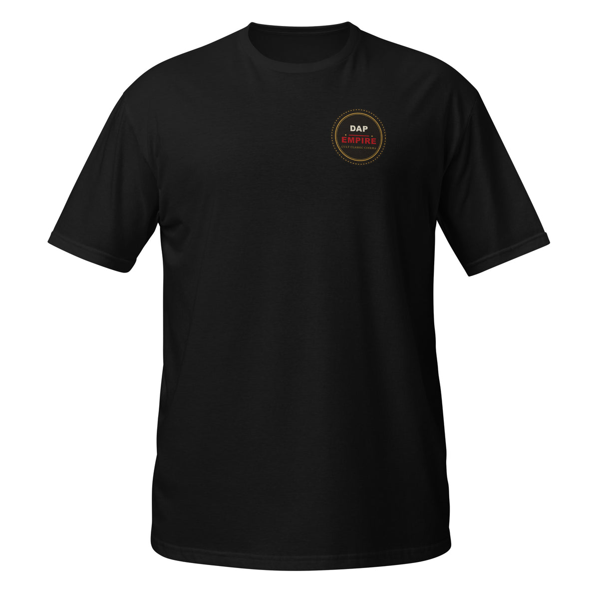 Front of a black t-shirt with a small round Dap-Empire logo badge on the left chest