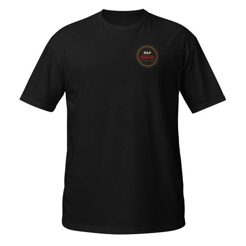 Front of a black t-shirt with a small round Dap-Empire logo badge on the left chest