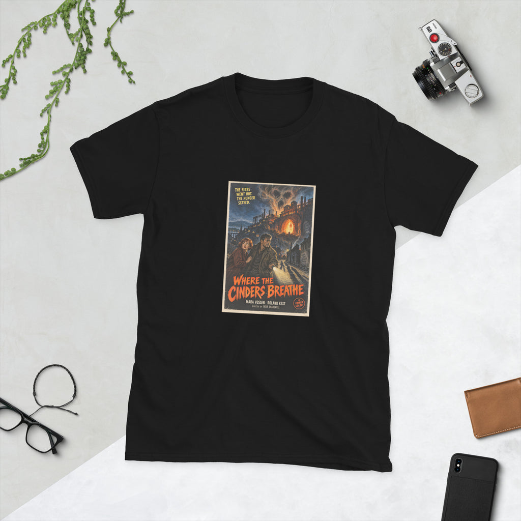 Black t-shirt printed with a vintage-style horror poster: a woman and a man with a flashlight in a burning industrial town, smoke forming a skull-like face above them, titled Where the Cinders Breathe
