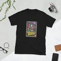 Black t-shirt printed with a vintage-style horror poster: a pale face on an old TV screen, red hands reaching out toward two frightened people, titled The Thirteenth Broadcast